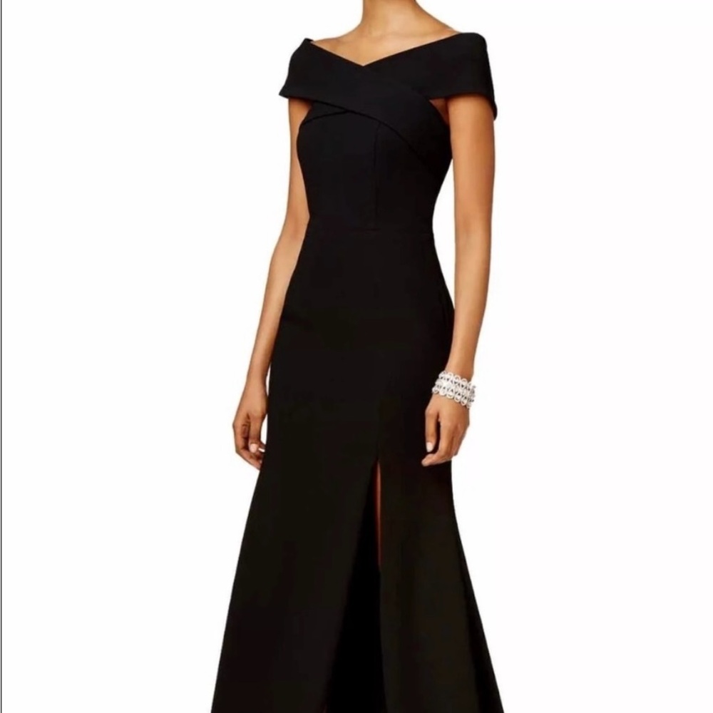 NEW Betsey & Adam Black Gown Off Shoulder Split